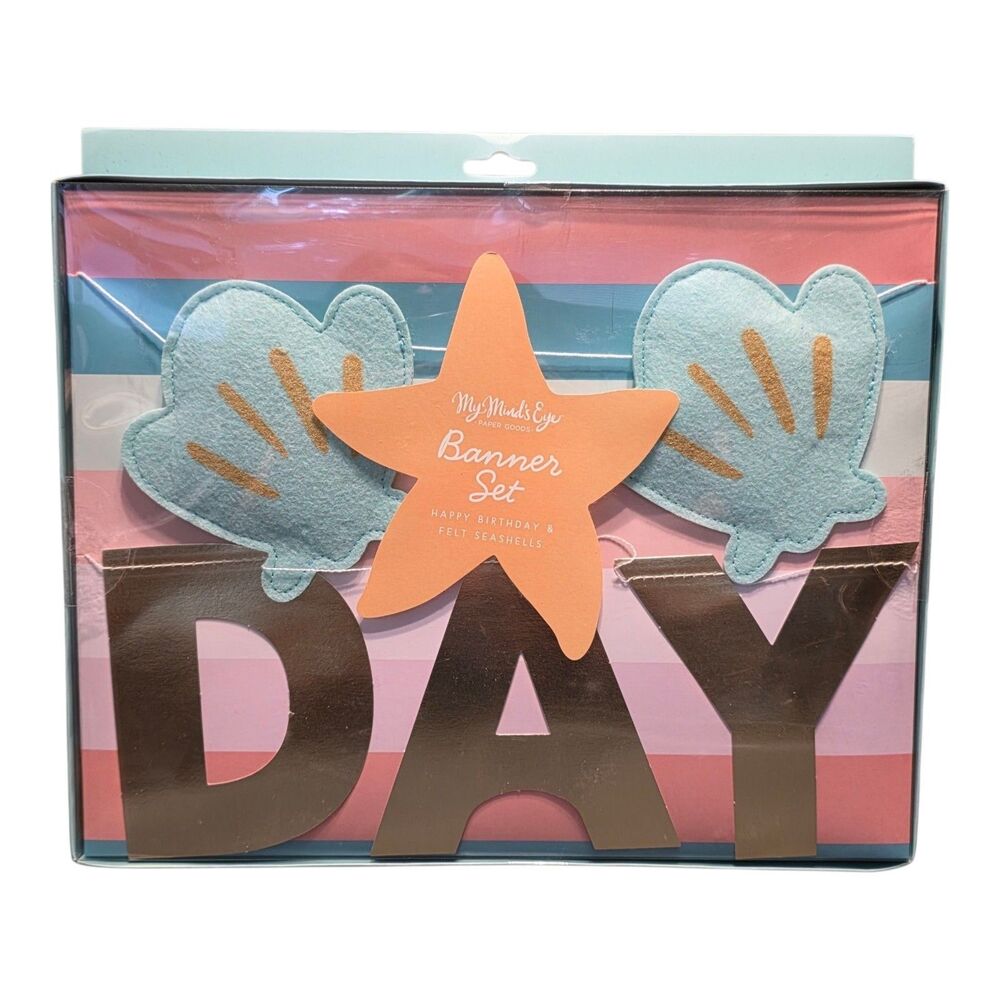 MY MIND'S EYE Happy Birthday & Felt Seashells Banners 5 1/2 FEET LONG NIP
